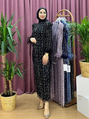 Pul Payet Kolları Tüylü Kalem Abiye Elbise