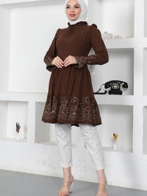 Çiçekli Desenli Tunik Kahverengi