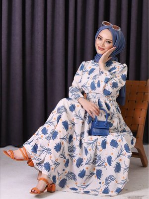 Xxl Butik Kadın Keten Desenli Tesettür Elbise Mavi
