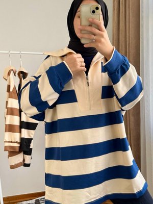 Oversize Çizgili Sweat İndigo