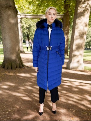 Kürk Kapüşonlu Kemerli Şişme Mont Saks