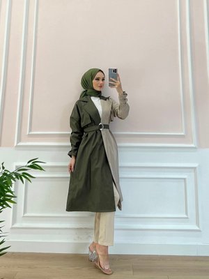 Bej İki Renk Trençkot Haki̇