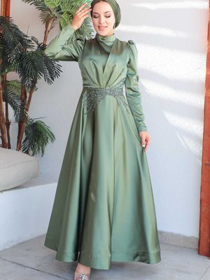 Haki Bel Taş İşlemeli Saten Abiye Elbise