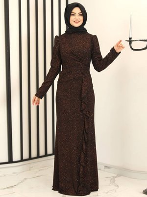Eteği Volan Asil Abiye Elbise Bronz Rengi Eteği Volan Asil Abiye Elbise Bronz Rengi