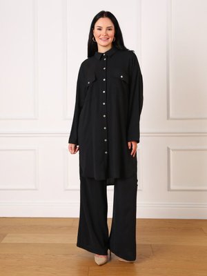 Siyah Büyük Beden Cep Detaylı Düğmeli Tunik & Pantolon İkili Aerobin Takım