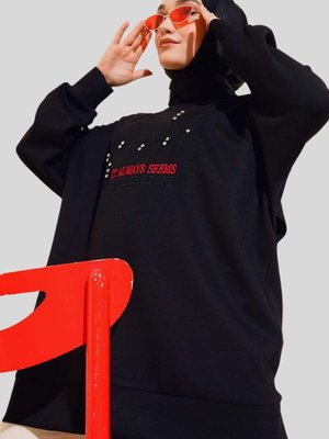 Siyah Önü Taşlı Bisiklet Yaka Tunik Siyah Önü Taşlı Bisiklet Yaka Tunik