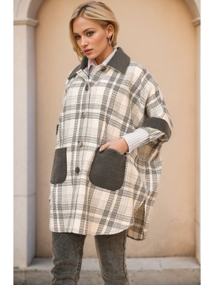 Ekru Düğmeli Ekose Desenli Panço