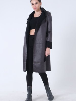 Siyah Süet Kumaş Kemerli Kaban