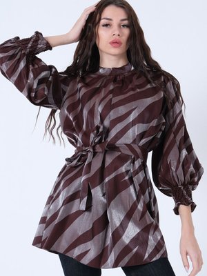 Kahve Belden Bağlamalı Desenli Tunik Kahve Belden Bağlamalı Desenli Tunik