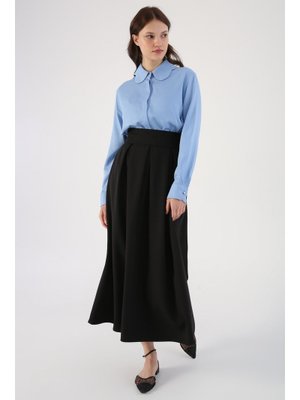 Siyah Rahat Kalıp Pileli Fermuarlı Etek