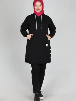 Siyah Büyük Beden Kanguru Cepli Çıtçıt Detaylı Tunik