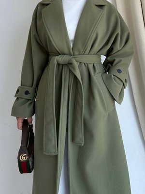 Kuşaklı Kolları Düğme Detaylı Oversize Kalıp Cm Kaşe Kumaş Haki Kaban