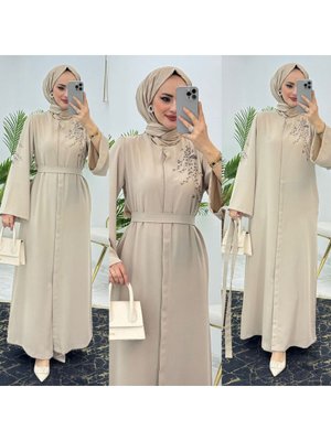 Dubai Krep Kumaş Taş İnci Detaylı Elbise