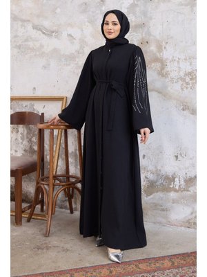 Siyah Rona Kolları Desenli Abaya