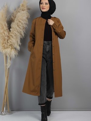 Düğmeli Kemerli Trençkot Taba