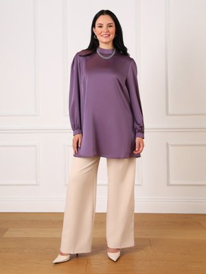 Büyük Beden Kol Uçları Detaylı Saten Tunik Ahududu