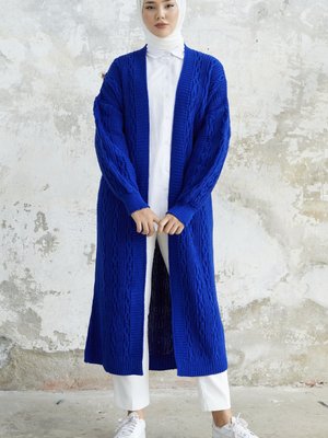 Molly Zincir Desen Triko Hırka Saks Mavisi