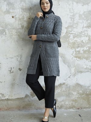 Mosya Cepli Düğmeli Triko Hırka Antrasit