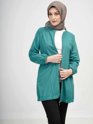 Rahat Fermuarlı Mevsimlik Kap Tunik Kadife Yeşil