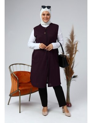 Mürdüm Kadin Buyuk Beden Petek Kumaş Cepli Fermuarlı Düğmeli Yelek