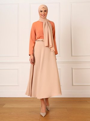 Açık Bej Aerobin Beli Lastikli Kloş Etek