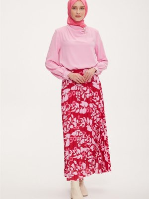 Empirme Baskılı Pliseli Etek Kırmızı
