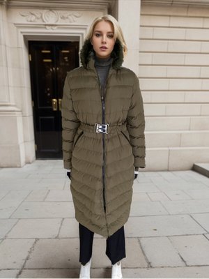 Haki Kürk Kapüşonlu Kemerli Şişme Mont