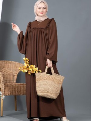 Fırfırlı Robalı Bürümcük Elbise Kahverengi Fırfırlı Robalı Bürümcük Elbise Kahverengi