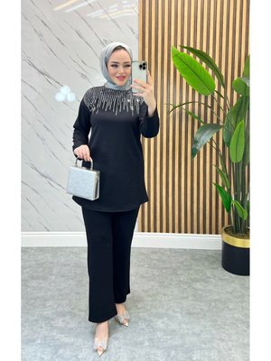 Yarım Boğazlı Taş Detaylı İkili Takım