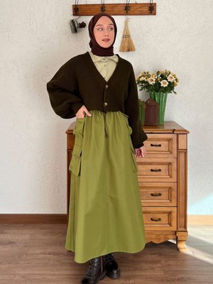 Haki Kargo Cepli Etek & Yağ Yeşili Balon Kol Triko Hırka Takım