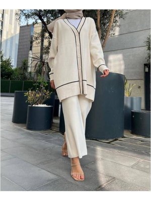 Depa Düğmeli Çizgili Triko Takım