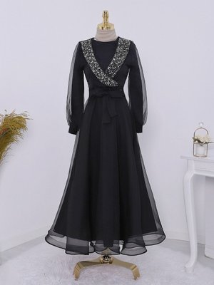 Önü Taşlı Boncuklu Kemerli Tül Abiye Elbise Önü Taşlı Boncuklu Kemerli Tül Abiye Elbise