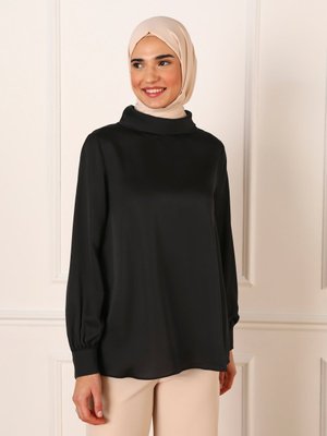 Siyah Manşetli Balon Kollu Saten Bluz