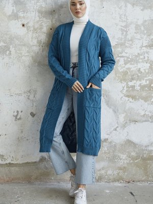 Eriyas Örgülü Cepli Triko Hırka Petrol