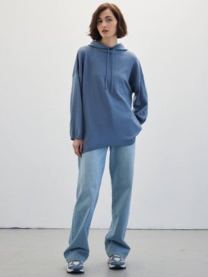 Kapüşonlu Ince Triko Sweatshirt İndigo