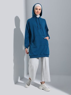 Petrol Kapüşonlu Uzun Sweatshirt Petrol Kapüşonlu Uzun Sweatshirt