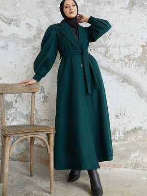 Diana Balon Kol Kuşaklı Kaşe Kaban Zümrüt Yeşili