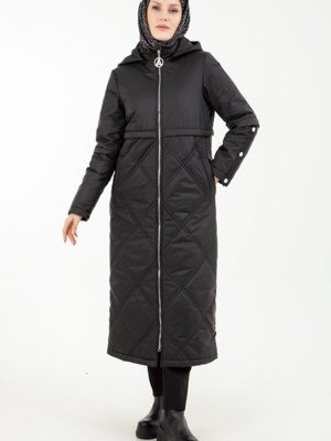 Trend Baklava Desenli Kapüşonlu Kapitone Kaban Mont