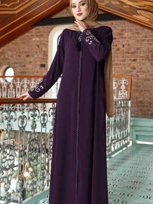 Büyük Beden Nakışlı Fermuarlı Krep Kumaş Ferace