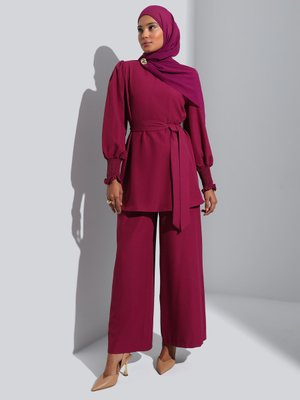 Balon Kollu Gipe Detaylı Kuşaklı Tunik & Pantolon İkili Takım Visne