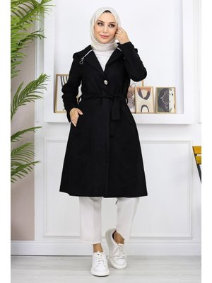 Siyah Kapüşonlu Kaşe Kaban