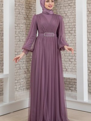Mor Kemeri Taşlı Tül Detay Abiye Elbise