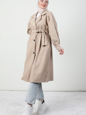 Kruvaze Yaka Balon Kol Kaşe Kaban Krem Kruvaze Yaka Balon Kol Kaşe Kaban Krem