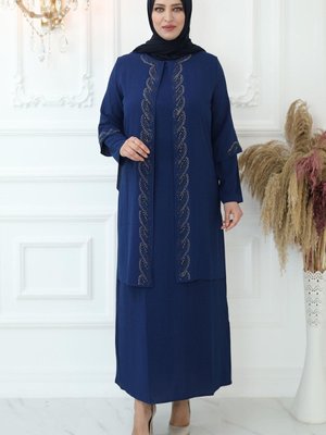 İndigo Kristal Taşlı Abiye Elbise