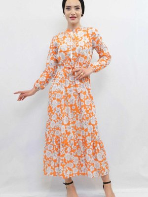 Moda Çizgi Çiçek Desenli Pileli Elbise Turuncu Moda Çizgi Çiçek Desenli Pileli Elbise Turuncu