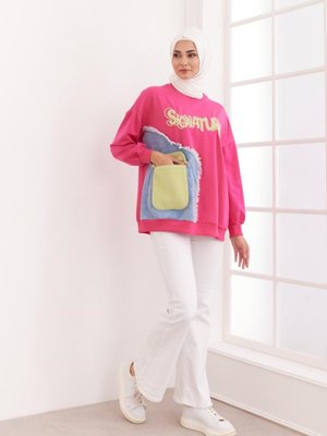 Peluş Cepli Aplikeli Sweatshirt Fuşya