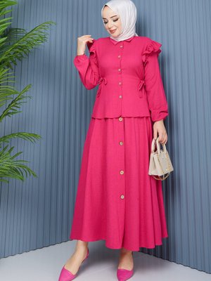 Fuşya Kol Bel Detaylı Bluz Etek Bürümcük Takım