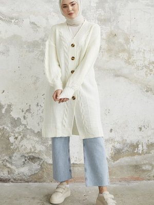 Evia Düğmeli Triko Hırka Beyaz