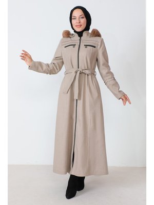 Bej Süs Cepli Fermuarlı Tam Boy Kaşe Kaban Bej Süs Cepli Fermuarlı Tam Boy Kaşe Kaban