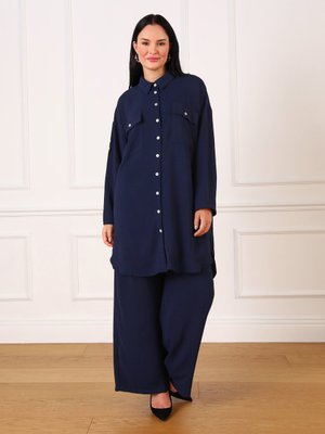 Dark İndigo Büyük Beden Cep Detaylı Düğmeli Tunik & Pantolon İkili Aerobin Takım
